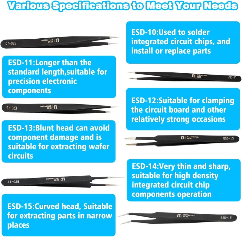 RuiWing 6PCS Precision Tweezers Set, ESD Anti-Static Heavy-Duty Stainless Steel Electronic Tweezers for Electronics Repair, Laboratory, Soldering, Jewelry Making Tools Straight & Curved Tips, Precision Tools - Image 5